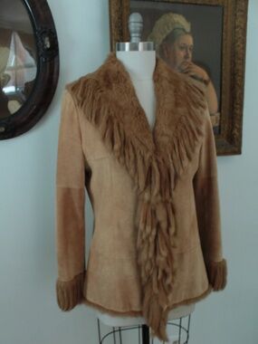 Beige Suede Rafaello Jacket with Mink Collar and Fringe